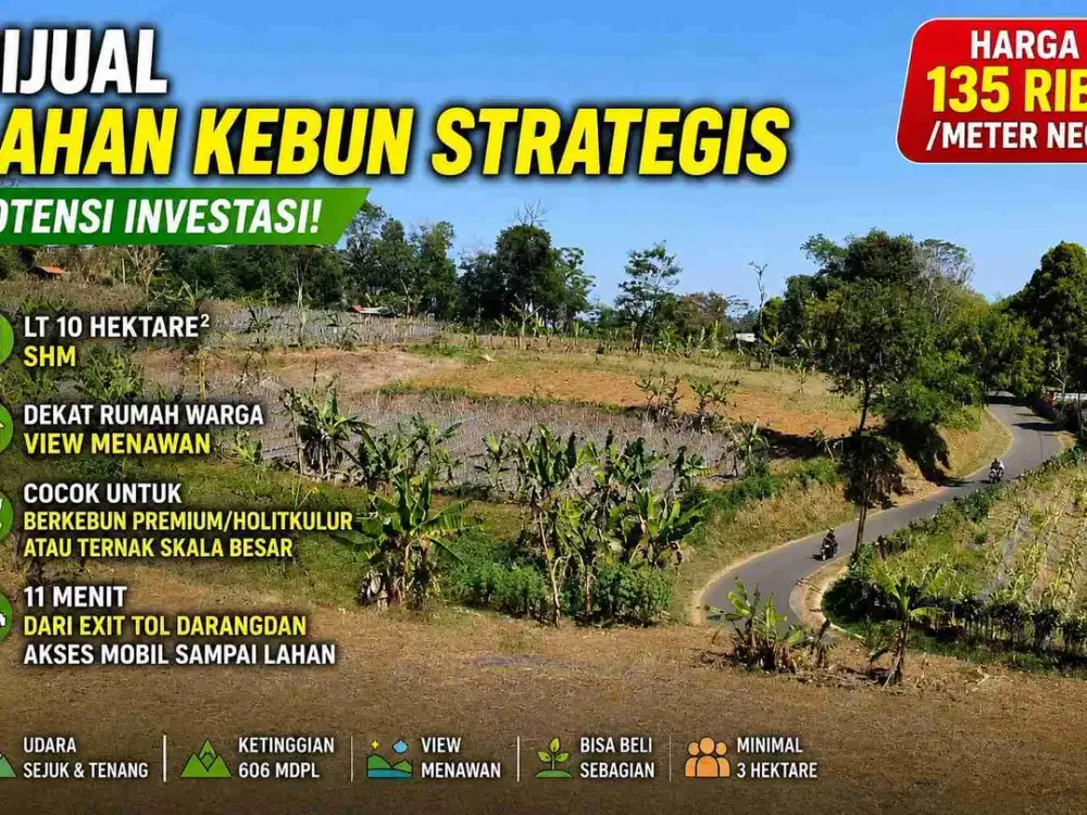Dijual Tanah Kebun 10 Hektar di Darangdan  Kawasan Sejuk Siap Bangun Agribisnis & Peternakan Premium