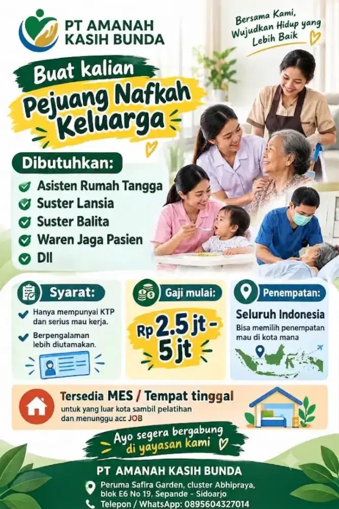 LOWONGAN ART, SUSTER LANSIA, SUSTER BALITA, WAREN JAGA PASIAEN DLL