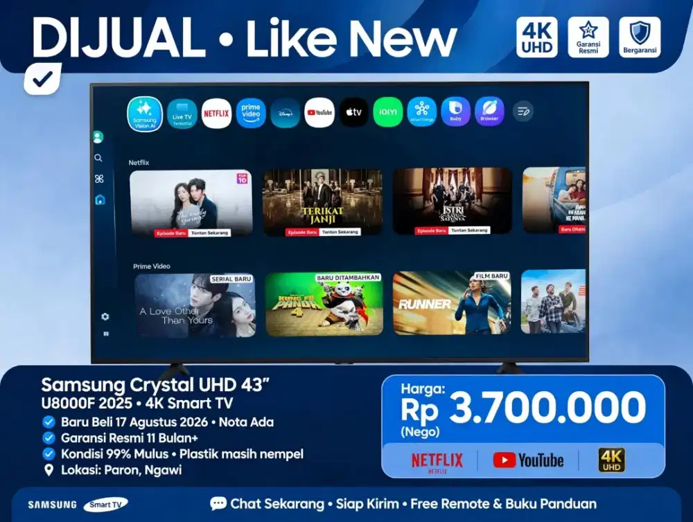 Samsung 43 Crystal UHD U8000F 2025 like new model terbaru 4k Smart TV