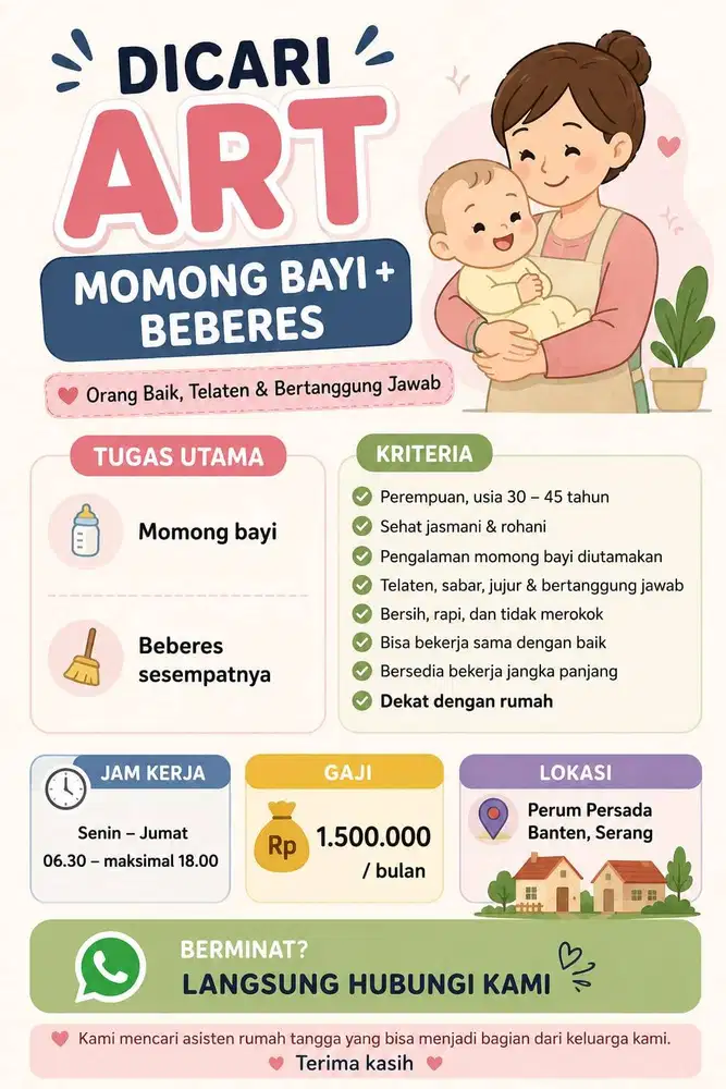Dicari ART momong bayi + beberes