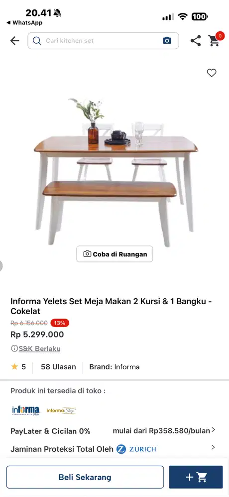 Meja makan Informa set bench like new