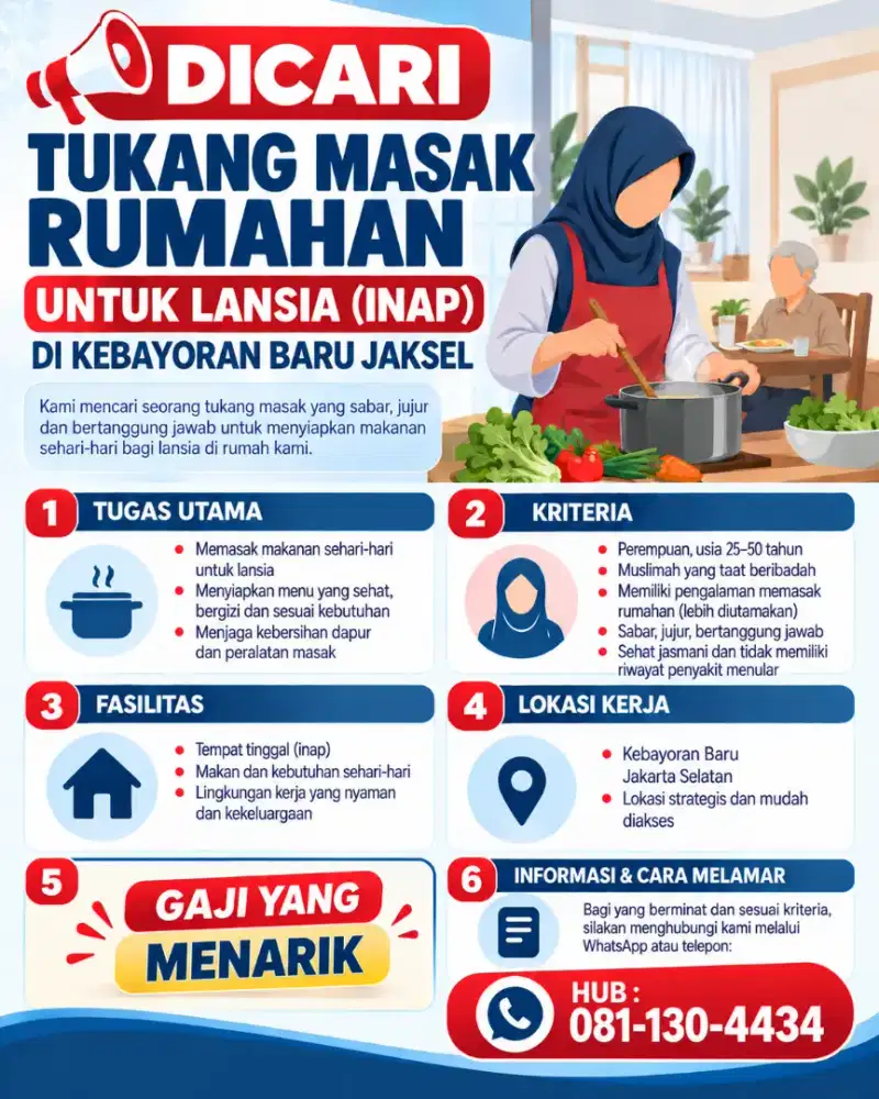 Dicari Tukang Masak Rumahan untuk Lansia (inap)