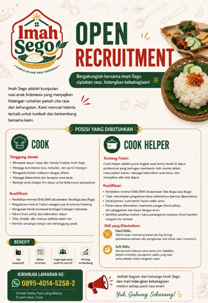 Lowongan kerja cook dan cook helper