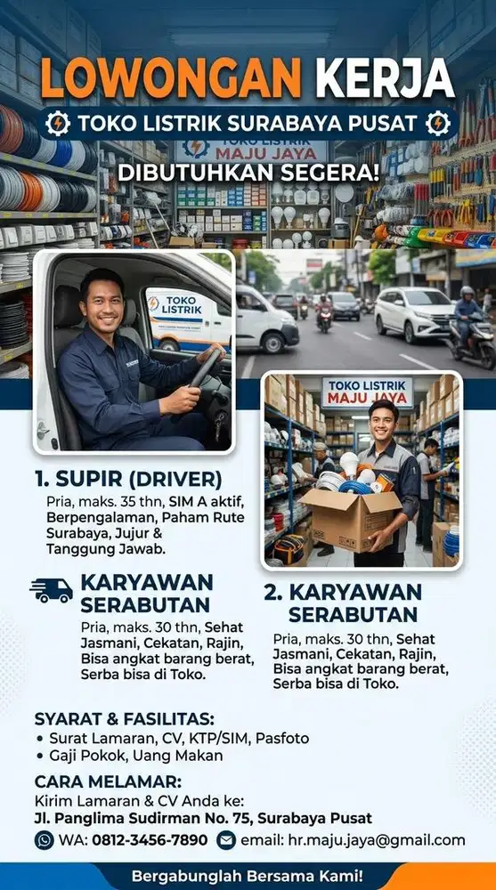 Dicari supir dan serabutan untuk toko