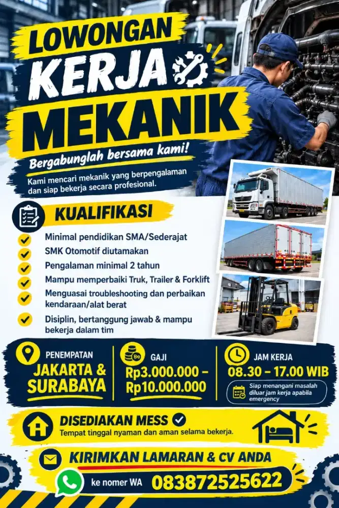 Lowongan Mekanik Truk, Trailer & Forklift