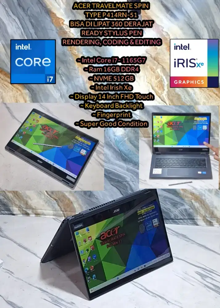 LAPTOP ACER SPIN LIPAT 360 DERAJAT INTEL CORE i7 11TH laptop Coding