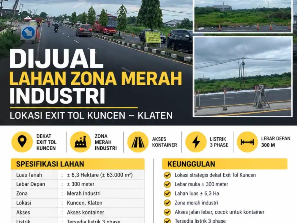 Dijual tanah strategis exit tol kuncen klaten zona merah industri murah