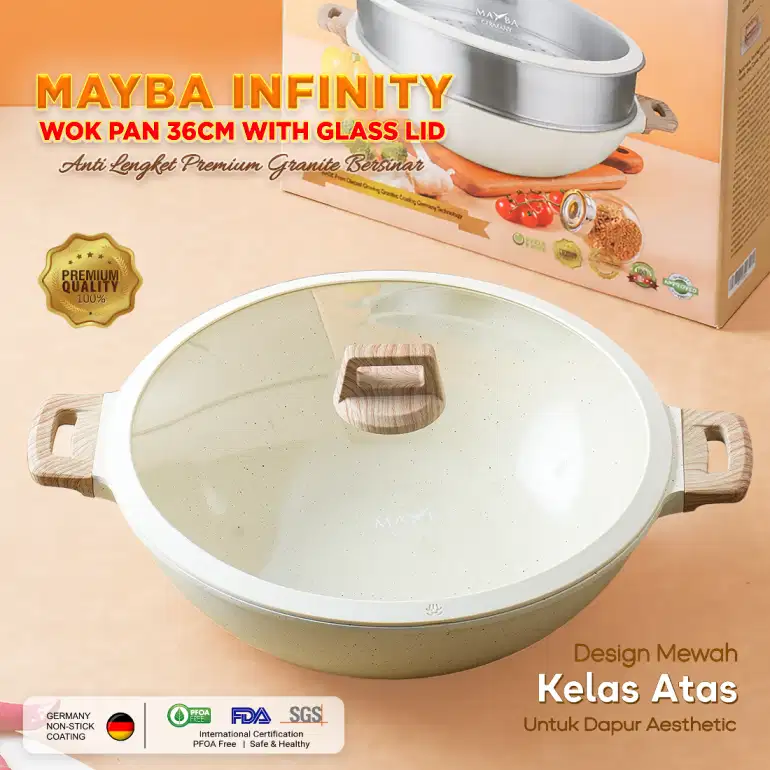 MAYBA INFINITY WOK JUMBO 36CM Anti Lengket Granite Tutup Kaca Kukusan