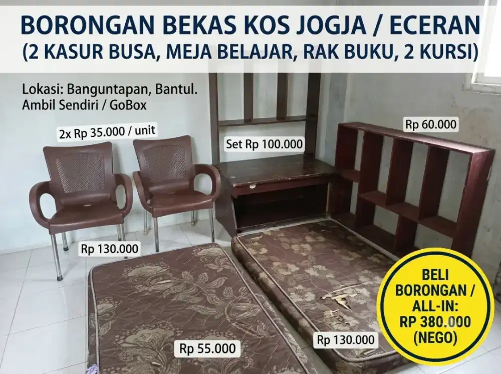 jual barang Bekas Kos Jogja (2 Kasur Busa, Meja, Rak Buku, 2 Kursi)