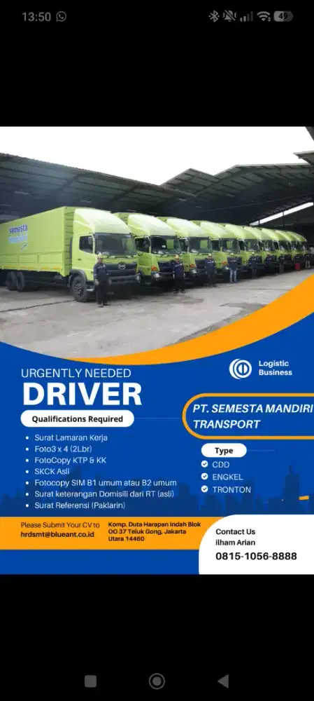 Dibutuhkan Sebanyak Banyaknya Driver Truck Minimal Sim B1/B2 Umum