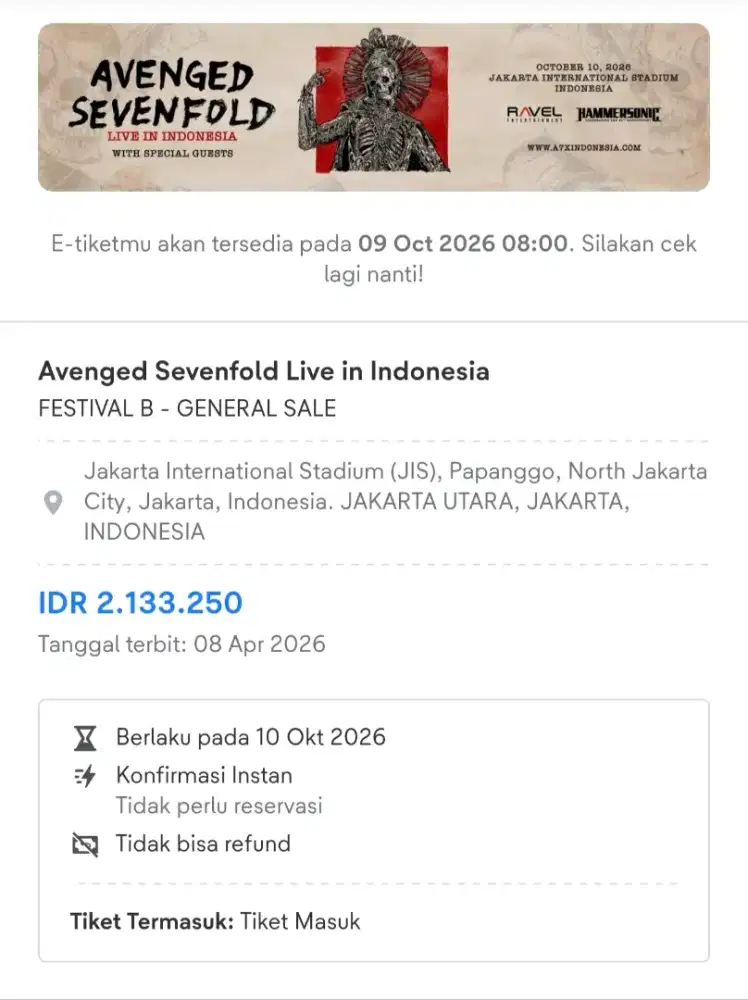 Tiket Avenged Sevenfold Festival B