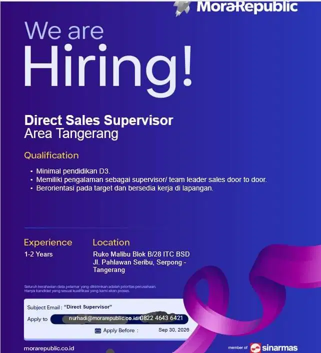 Dibutuhkan Sales Supervisor Area Tangerang