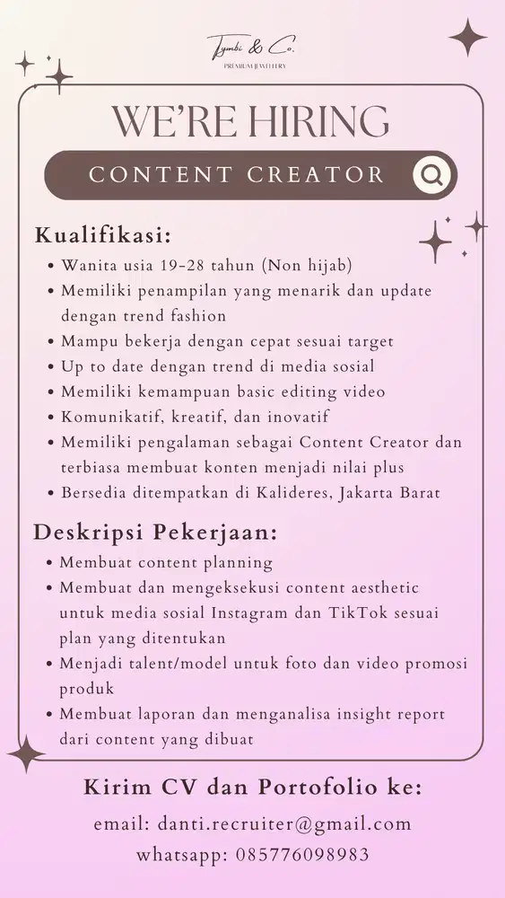 DIBUTUHKAN CONTENT CREATOR FULLTIME WFO (KALIDERES, JAKBAR)