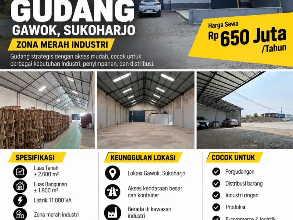 Disewakan Gudang Bagus Siap Pakai Zona Merah Industri di Gawok Sukoharjo Luas 2600 m2