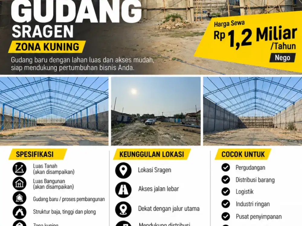 DISEWAKAN GUDANG ZONA KUNING – SRAGEN Hanya ±1 KM dari Exit Tol Punkruk | Akses Kontainer | 2 Akses Jalan