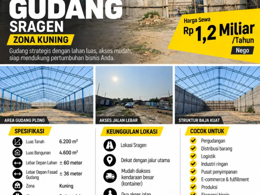 Disewakan Gudang Zona Kuning lokasi di Sragen dekat exit tol pungkruk strategis murah luas 6200