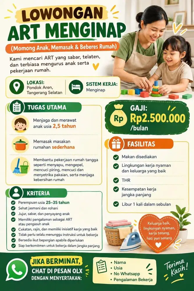 Lowongan ART + Momong Anak Menginap - Pondok Aren, Tangerang Selatan