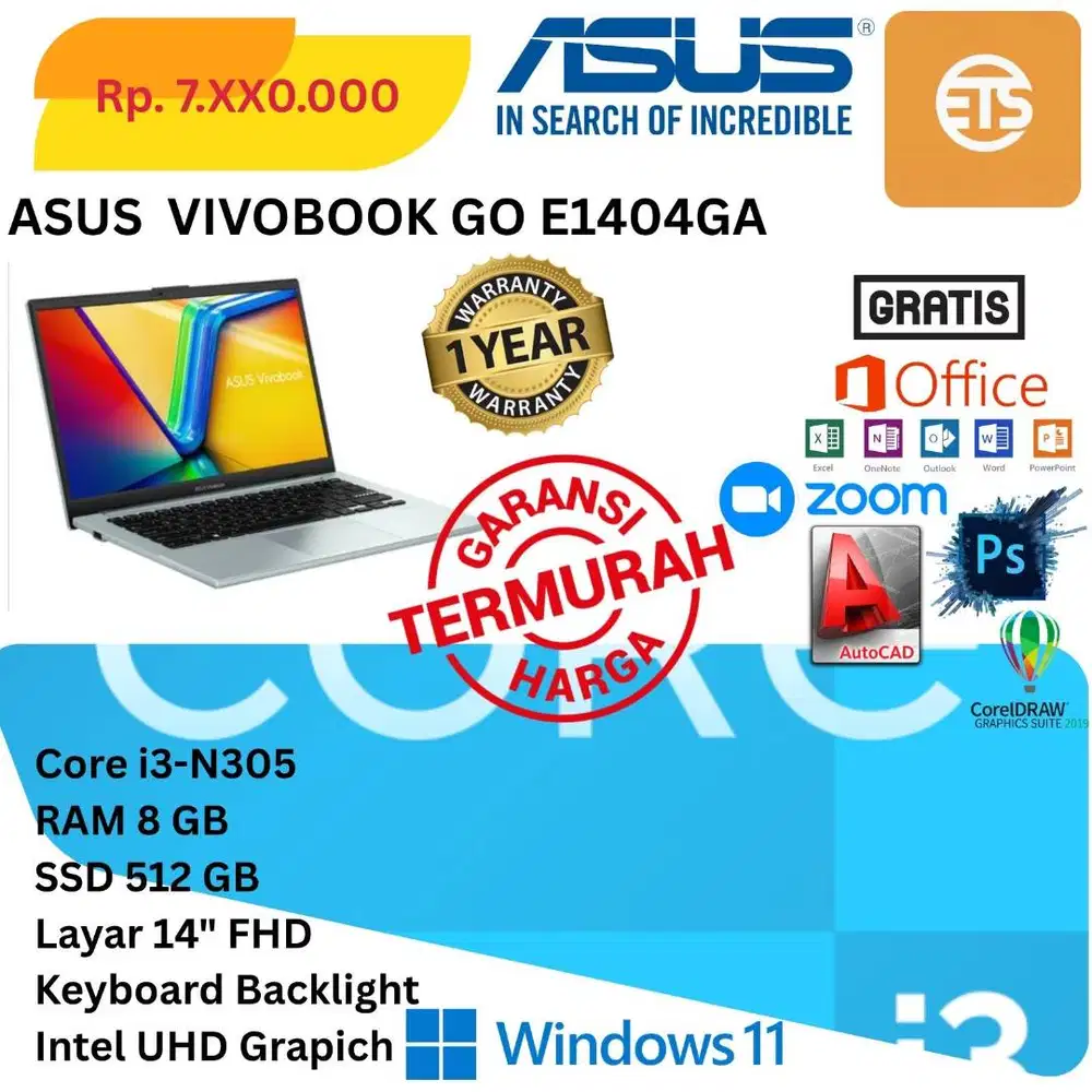 Best Seller!!! New Asus Vivobook Go 14 E1404GA   Core i3-N305 Ram 8Gb