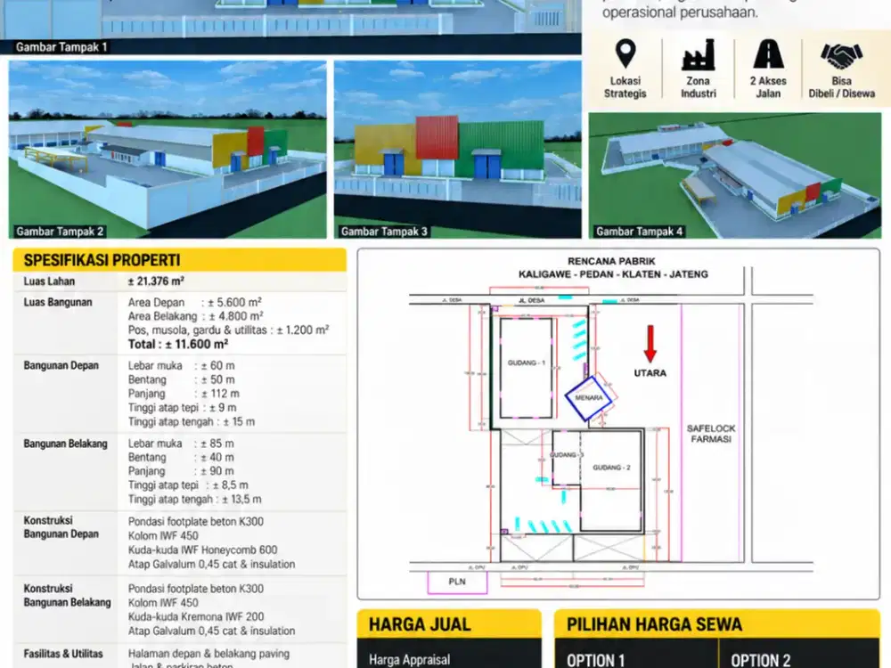 DIJUAL & DISEWAKAN PABRIK / WAREHOUSE KLATEN Murah Zona Merah Industri Luas 2,1 Hektar Dibawah Harga Appraisal
