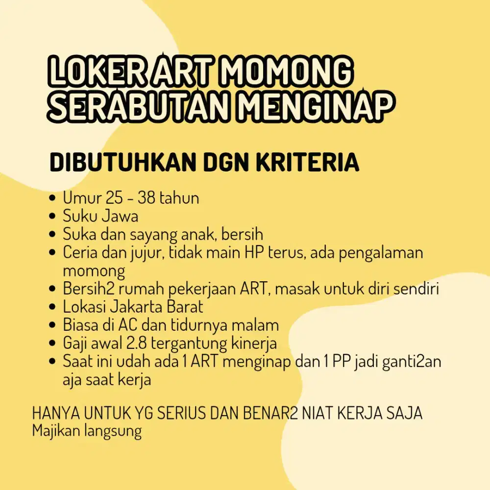 Lowongan Kerja ART Momong Serabutan Menginap