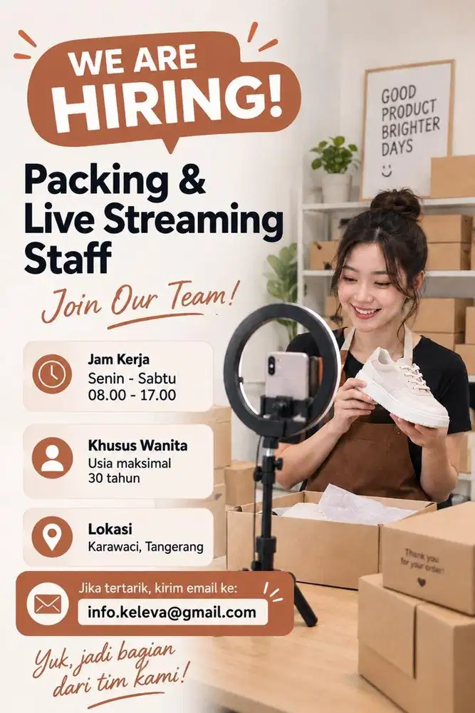 Di butuhkan E-Commerce Staff (Tugas: Packing & Live Streaming) -wanita