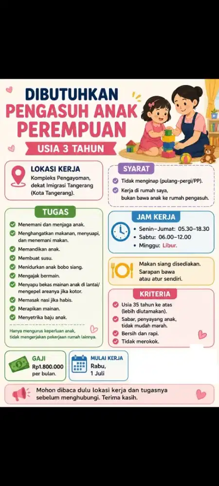 Dicari pengasuh anak 3 tahun