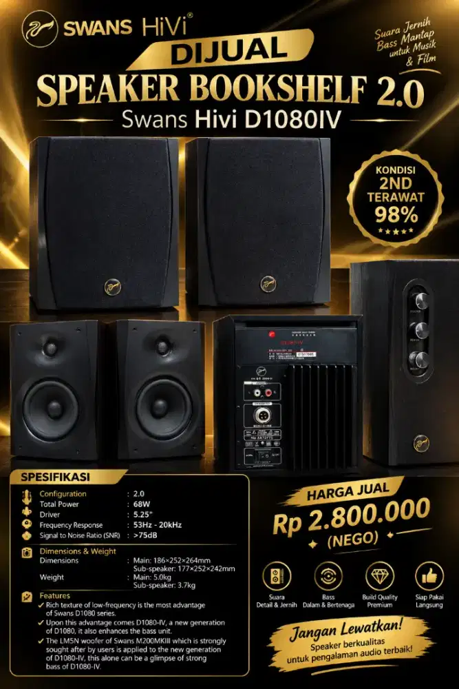 Bookshelf Speaker Aktif Swans Hivi D1080-IV