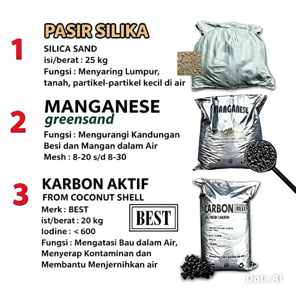 Paket Ganti Media Filter Air — Pasir Silika, Karbon Aktif, Mangan