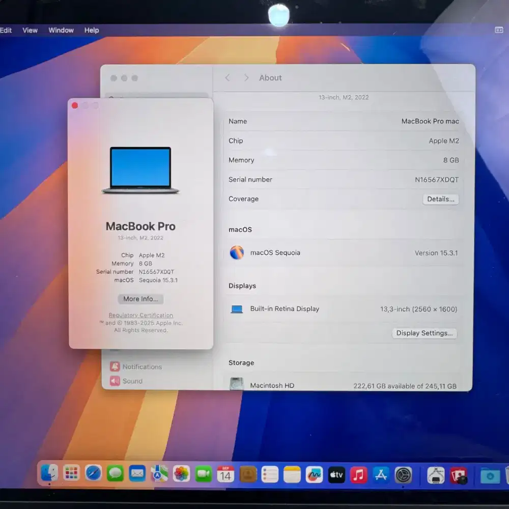 Macbook Pro M2 13 Inch Ram 8 Ssd 256 lengkap full set Space Grey