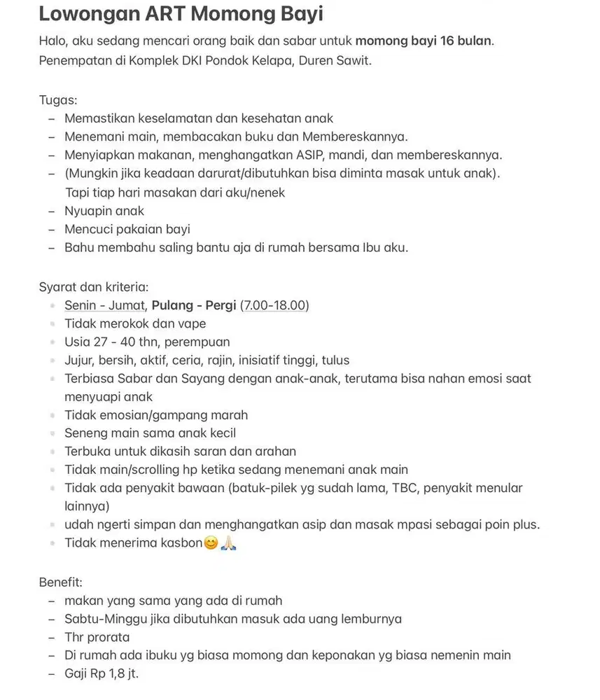 Cari ART Momong / Nanny Bayi. Pondok Kelapa, Duren Sawit