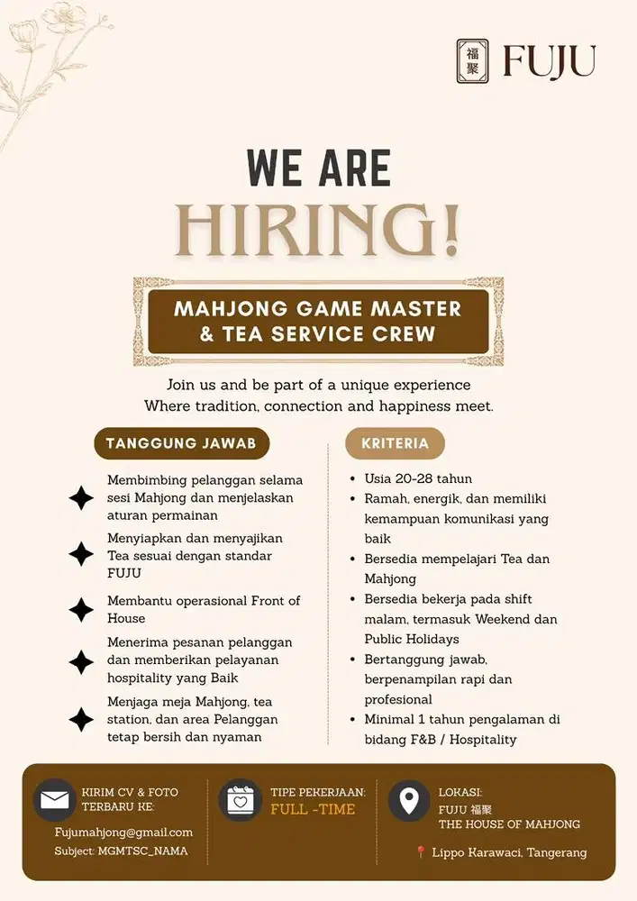 LOWONGAN KERJA — MAHJONG GAME MASTER & TEA SERVICE CREW