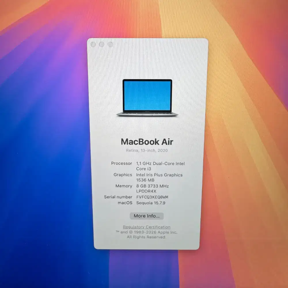 Macbook Air 2020 layar 13 Inch Ram 8 Ssd 128 lengkap full set Grey