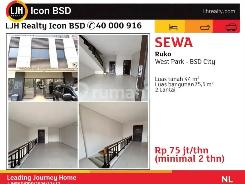 Di Sewakan Ruko West Park BSD City