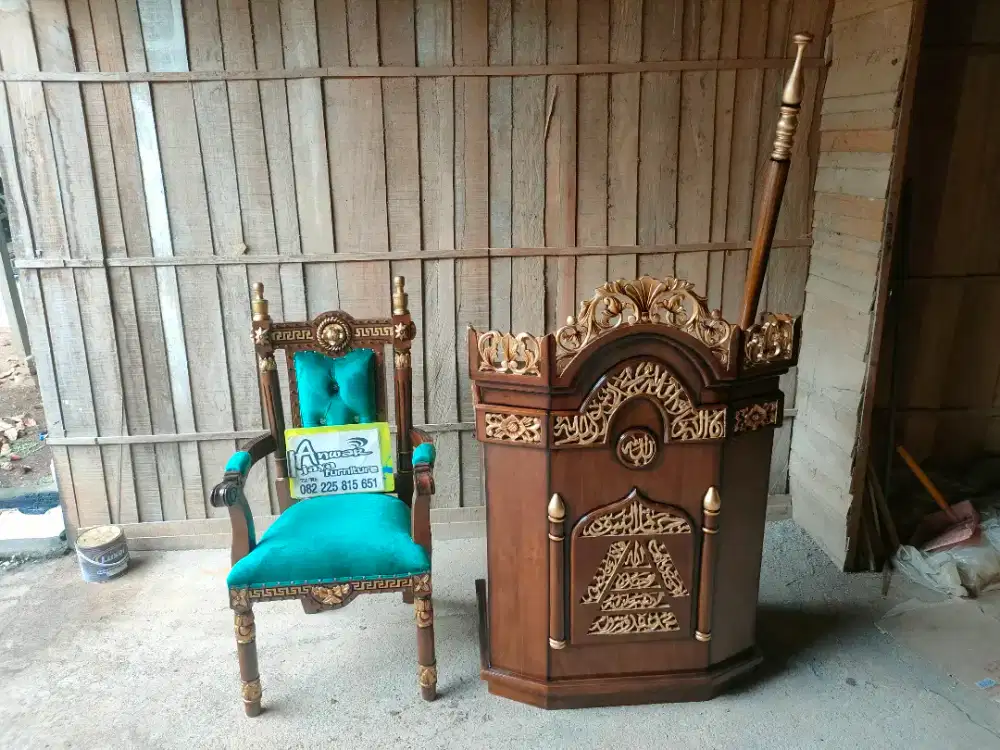 Mimbar masjid podium set kursi full kayu jati