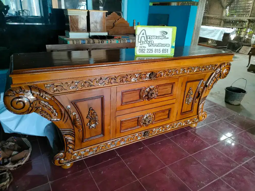 Bufet TV ukir ready siap kirim full kayu jati