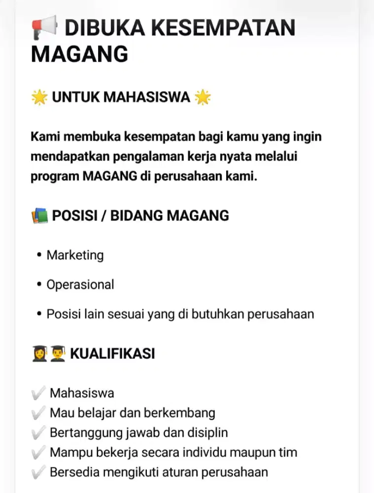 dibuka kesempatan bagi yang mau magang dan masih kuliah