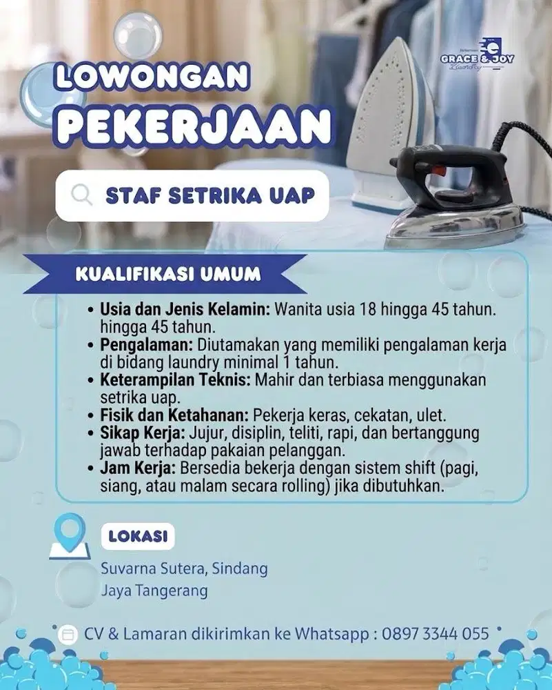 Lowongan Pekerjaan Staff Setrika Uap