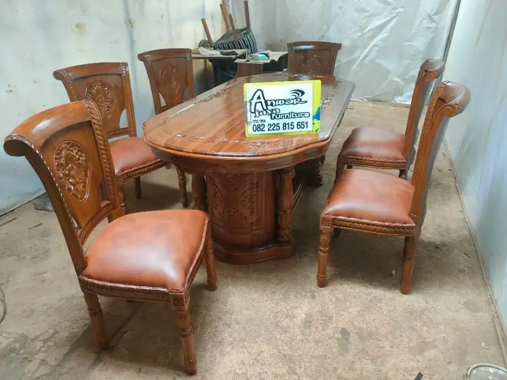 Meja makan gendong salina set kaca meja full kayu jati