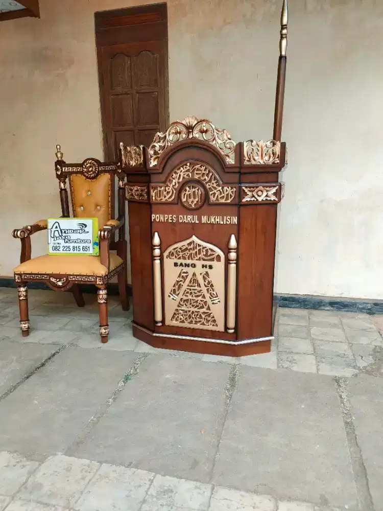 Mimbar masjid podium set kursi full kayu jati