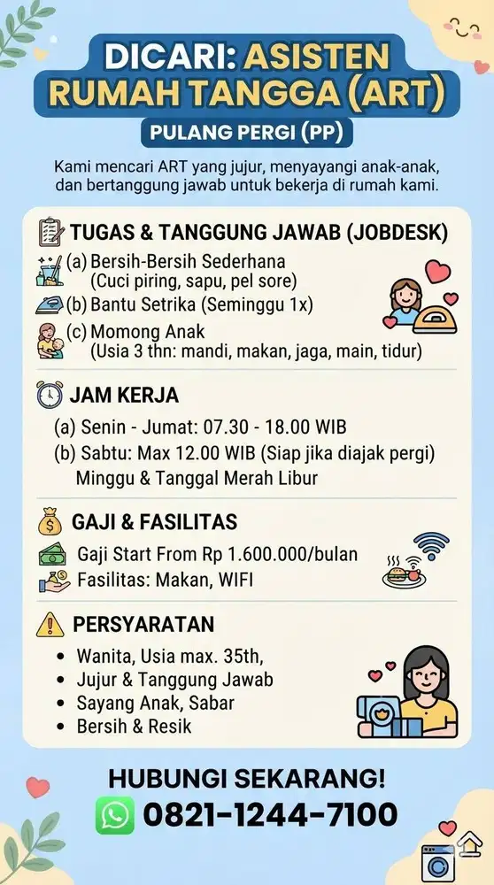 Dibutuhkan asisten rumah tangga pulang - pergi