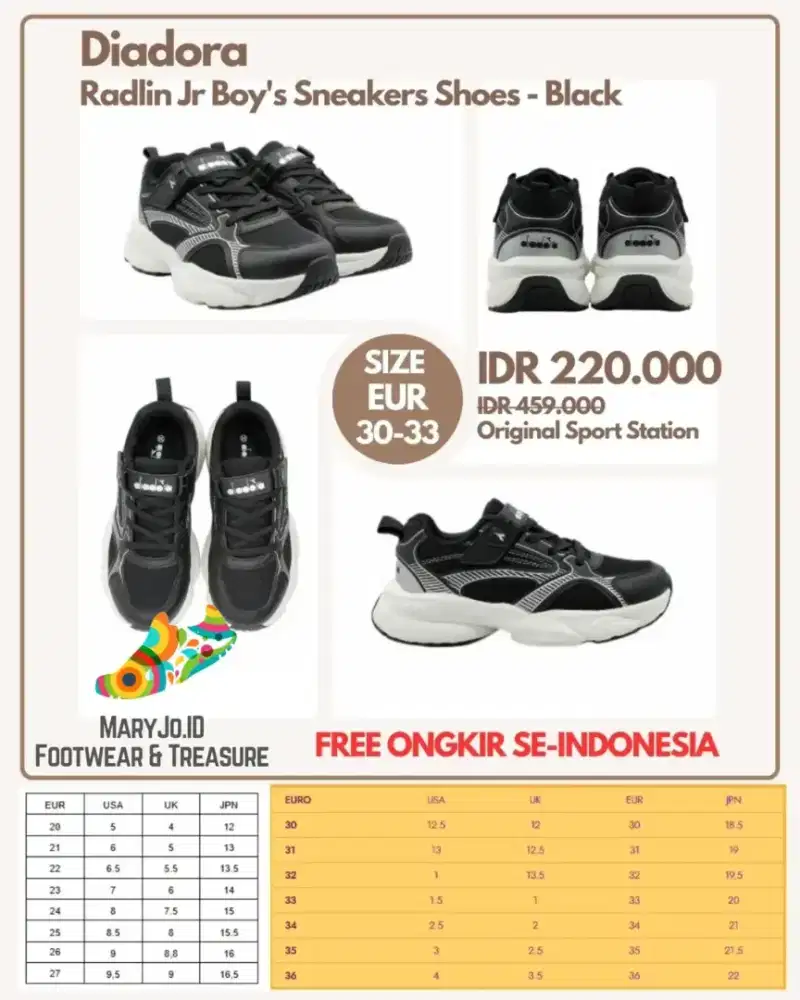Diadora Radlin Jr Boy's Sneakers Shoes - Black : Size : 30, 31, 32, 33