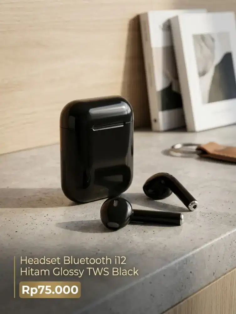 Headset Handsfree Earphone Bluetooth i12 Hitam Glossy TWS Black