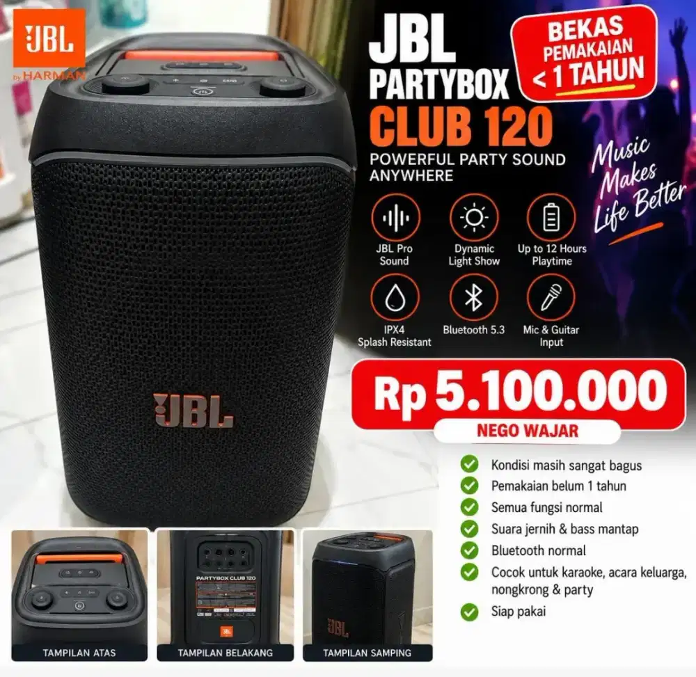JBL PartyBox Club 120 Original – Bekas Mulus, Pemakaian Belum 1 Tahun