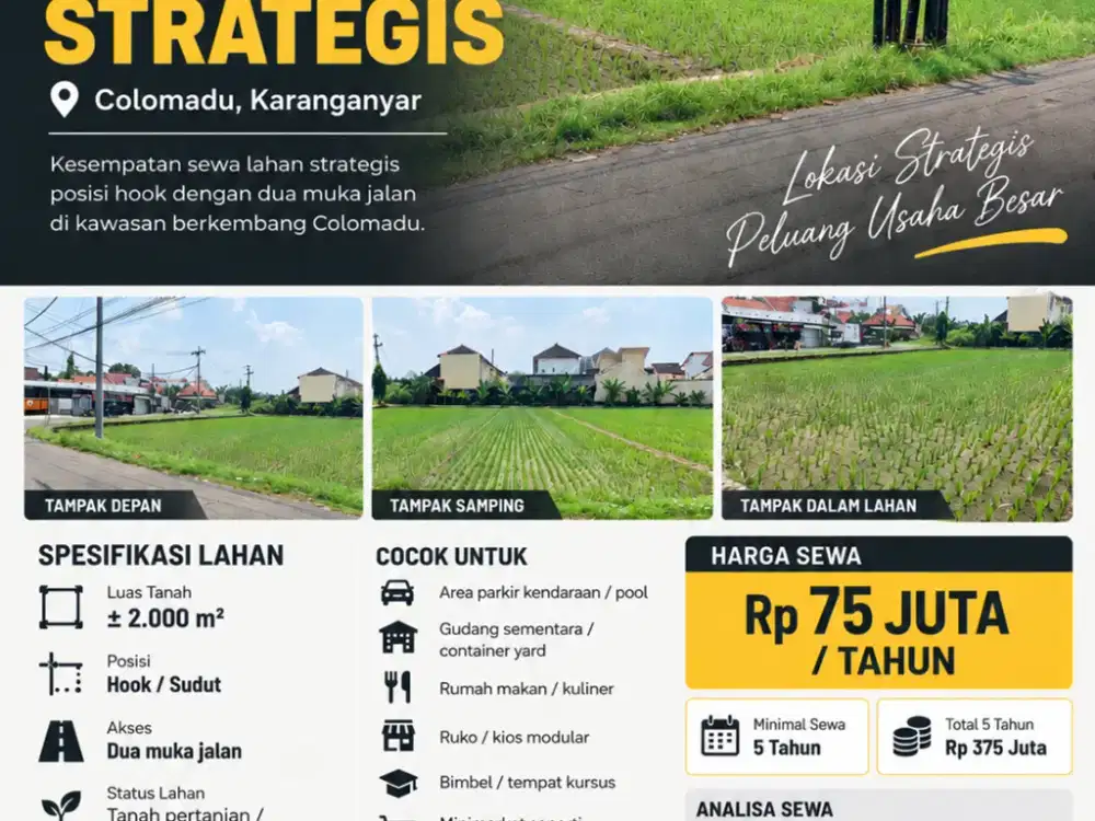 DISEWAKAN LAHAN HOOK 2.000 M² – 2 MUKA JALAN DI PAULAN COLOMADU