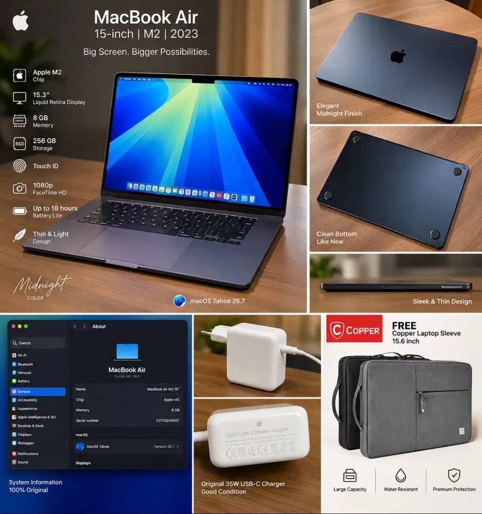 MacBook Air 15” M2 Midnight 8GB/256GB + Charger Apple & Tas Copper