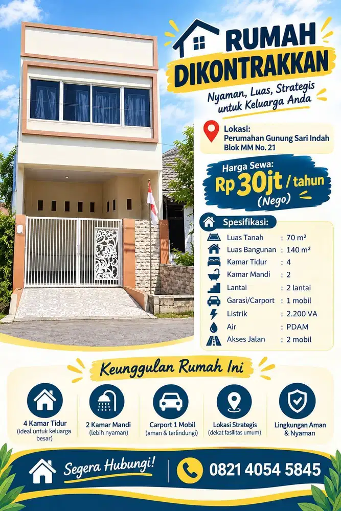 Dikontrakkan Rumah 2 Lantai 4KT Luas 140m² – Gunung Sari Indah