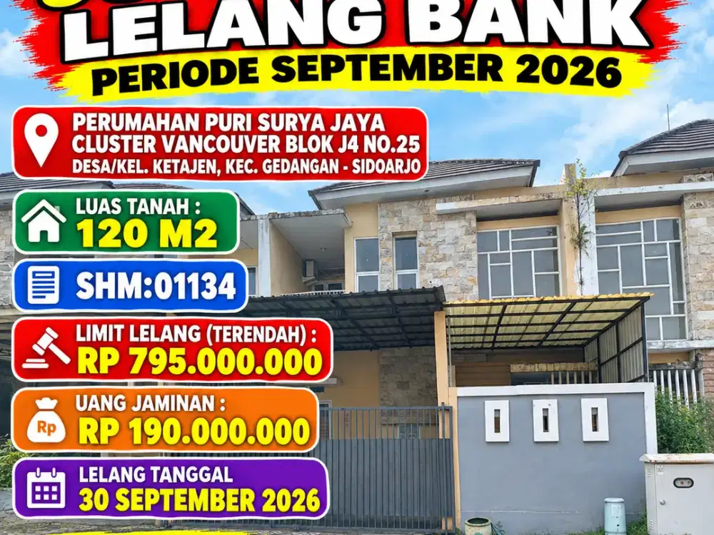 KETAJEN (GEDANGAN) - LUAS 120 M2!! DIJUAL RUMAH VIA LELANG DI PERUM PURI SURYA JAYA CLUSTER VANCOUVER