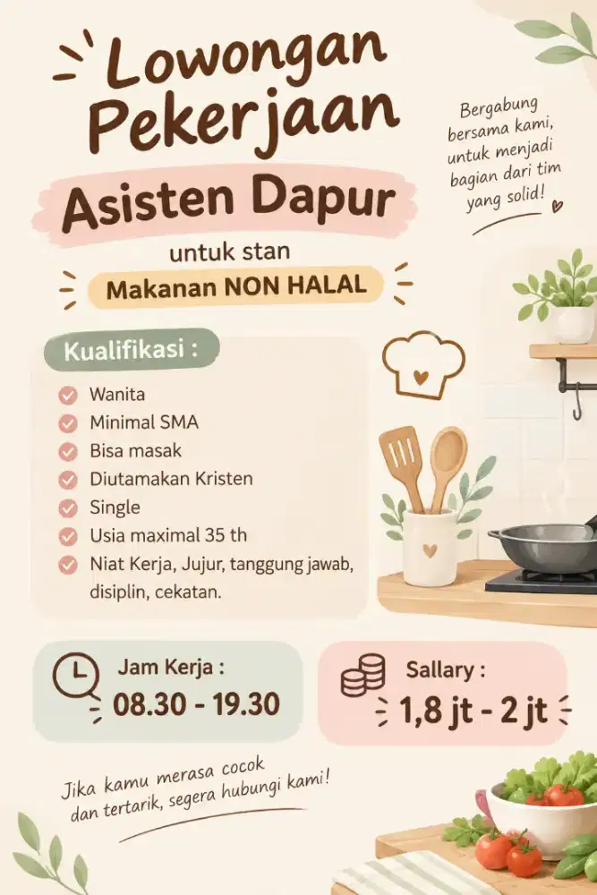 Dibutuhkan Asisten Dapur Stan  Non Halal