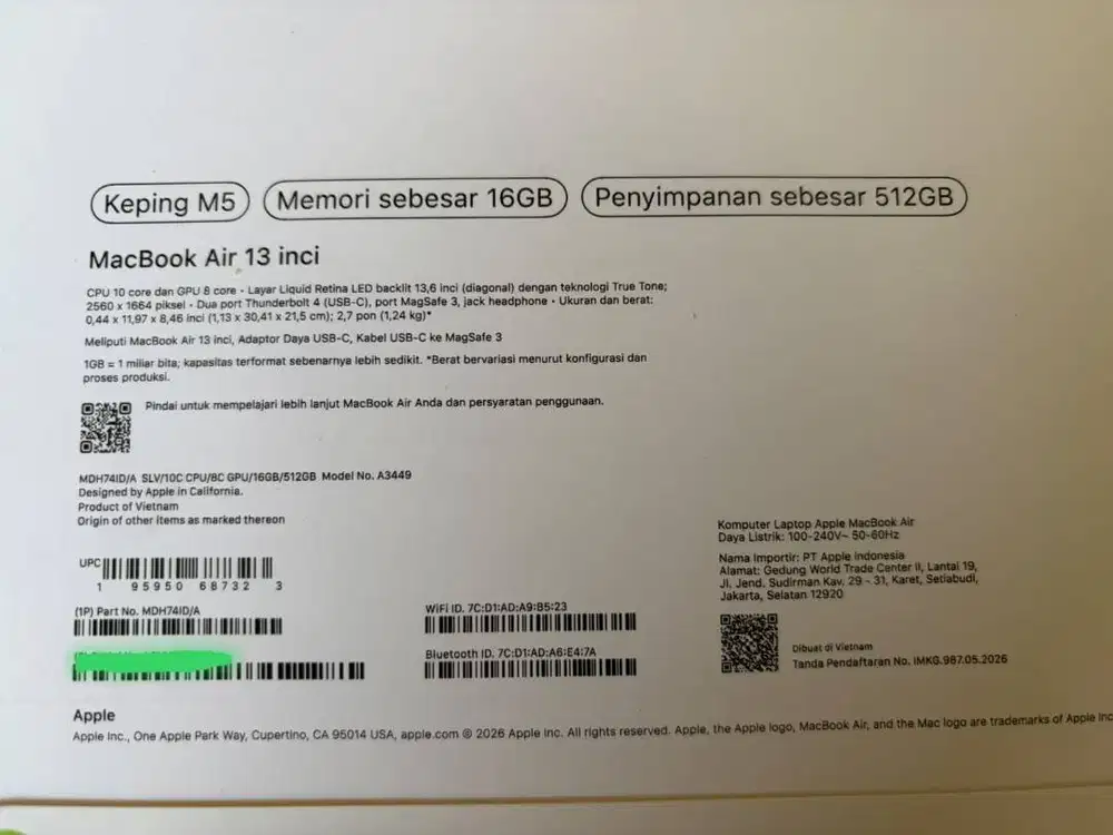 Dijual Macbook Air 13 Inci 16 GB / 512 GB SILVER BARU MASIH SEGEL