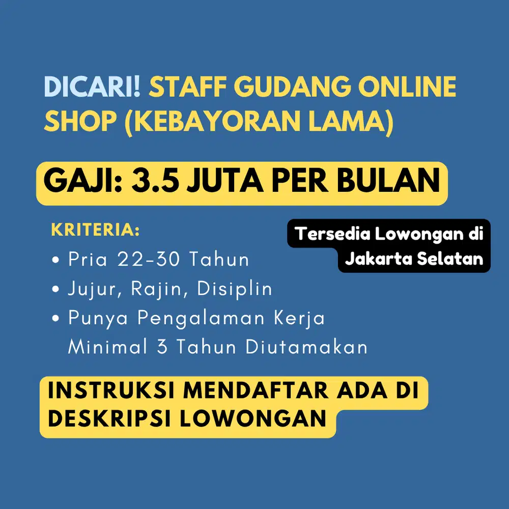 DICARI STAFF UNTUK GUDANG ONLINE SHOP RAJIN, DISIPLIN, DAN TELITI